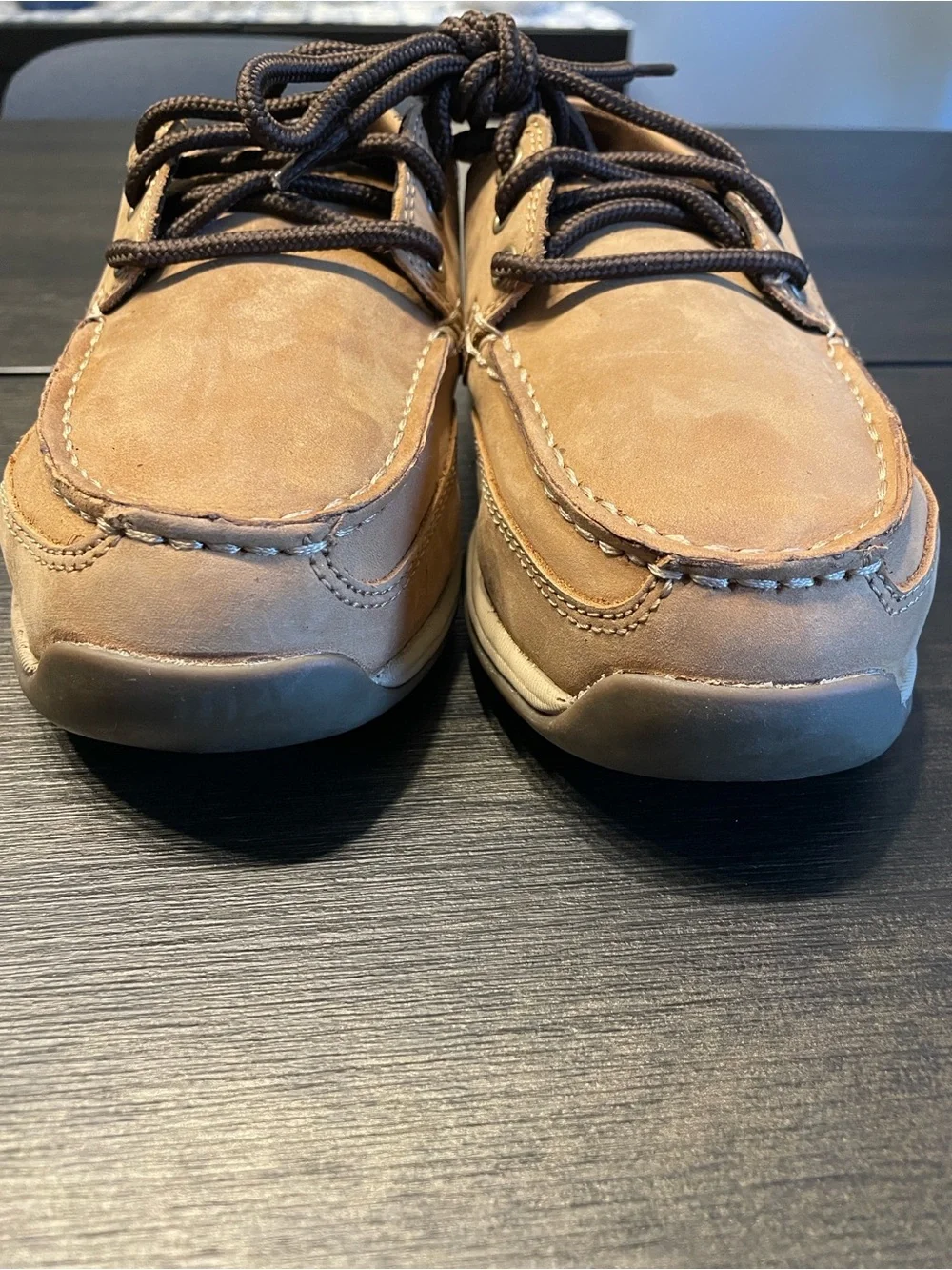 Rockport Works Men's Brown Leather Steel Toe Boat Shoes with Dark Brown Laces